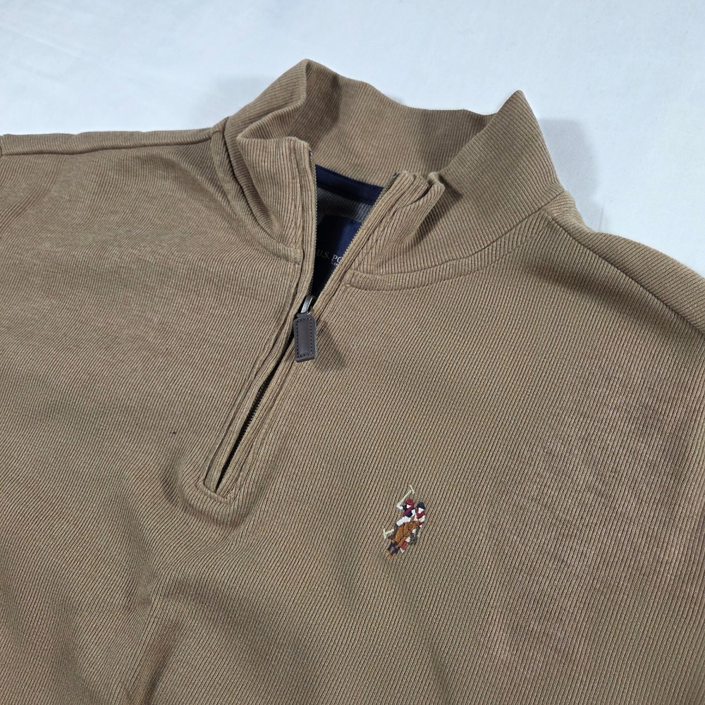 US Polo Assn Mens XL Quarter Zip Pullover Tan Brown Ribbed Cotton Blend Sweater - Picture 2 of 7